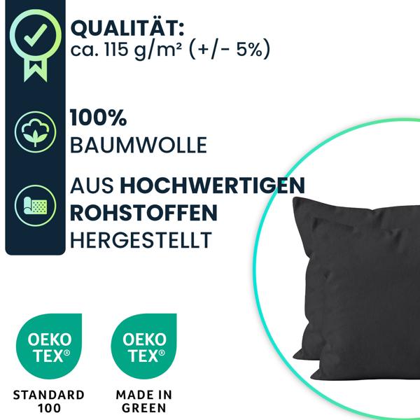 Kissenbezug 2er-Set 40x40 Schwarz - Hochwertige Baumwolle Kissenhüllen für Deko, Bett & Sofakissen - Langlebig, Pflegeleicht & mit Reissverschluss