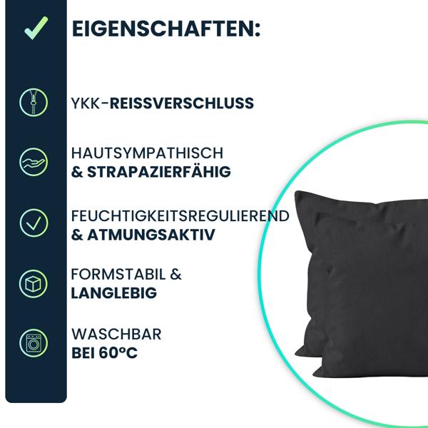 Kissenbezug 2er-Set 40x40 Schwarz - Hochwertige Baumwolle Kissenhüllen für Deko, Bett & Sofakissen - Langlebig, Pflegeleicht & mit Reissverschluss