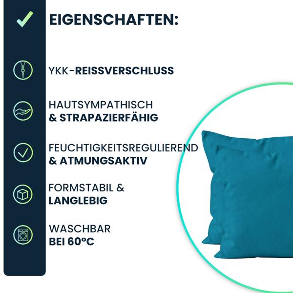 Kissenbezug 2er-Set 80x80 Petrol - Hochwertige Baumwolle Kissenhüllen für Deko, Bett & Sofakissen - Langlebig, Pflegeleicht & mit Reissverschluss