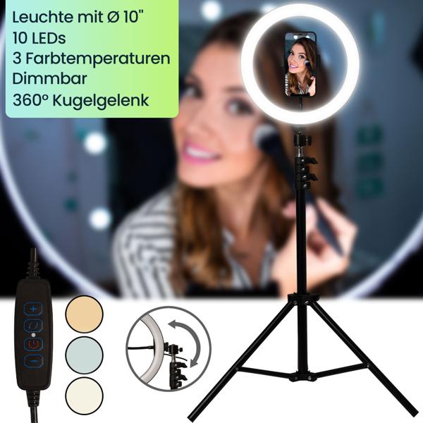 Professionelles LED-Ringlicht, Stativ-Ständer und Smartphone-Halterung, Fernauslöser, Ø 10" / 25 cm, App, für Youtube, TikTok, Make-Up, Live-Stream