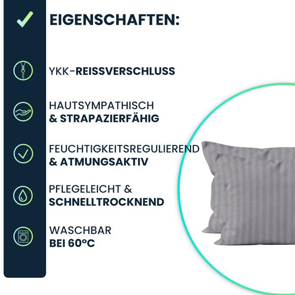 Kissenbezug 2er-Set 40x80 cm OEKO-TEX - Hochwertige Mikrofaser Kissenhüllen - Hautsympathisch, pflegeleicht & mit Reissverschluss - Grau
