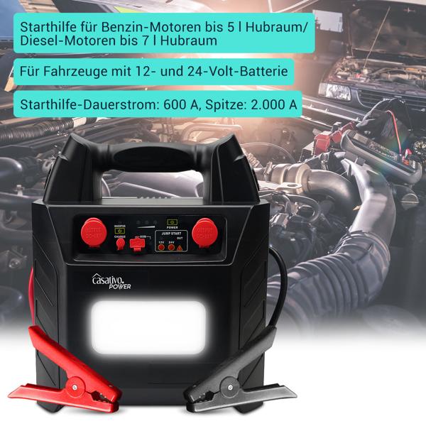 Avviatore di emergenza per auto 5 in 1 con powerbank per 12/24V, 12V, 230V, USB, 40Ah, 2000A