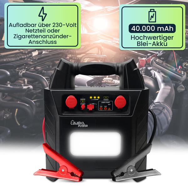 5-in-1 Pkw-Starthilfe 12V/24V (2000A) mit Powerbank 40Ah – Mobiler Batterie-Booster mit 230V-Steckdose, 12V-Ausgang & LED-Leuchte