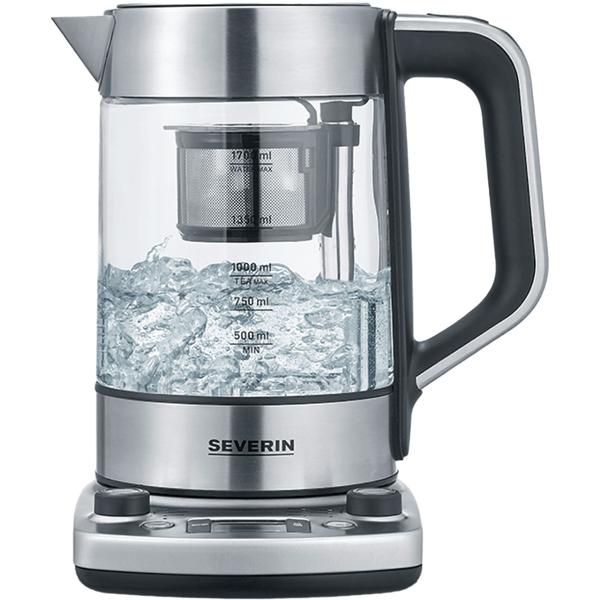 Severin Bouilloire à Thé Professional, 3000W, 1,7L : avec fonction de levage automatique pour le thé – idéale pour le bureau et la maison – bouilloire en verre et inox