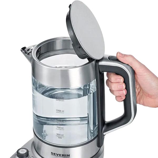 Severin Bouilloire à Thé Professional, 3000W, 1,7L : avec fonction de levage automatique pour le thé – idéale pour le bureau et la maison – bouilloire en verre et inox