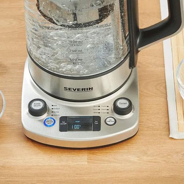 Severin Bouilloire à Thé Professional, 3000W, 1,7L : avec fonction de levage automatique pour le thé – idéale pour le bureau et la maison – bouilloire en verre et inox