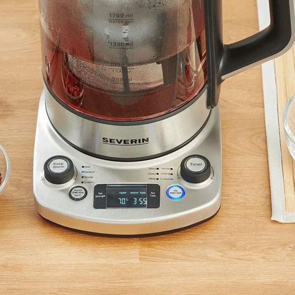 Severin Bouilloire à Thé Professional, 3000W, 1,7L : avec fonction de levage automatique pour le thé – idéale pour le bureau et la maison – bouilloire en verre et inox