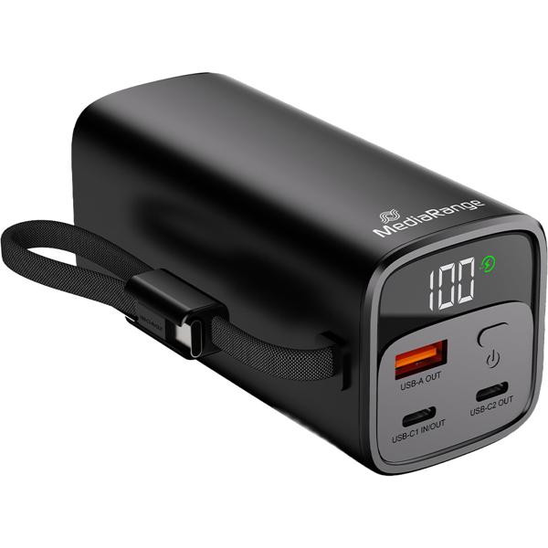 Mobiler Zusatzakku, Powerbank 20000mAh mit integriertem Ladekabel, LC-Display: Schnellladen 65W Power Delivery für Smartphone, Notebooks - USB-C/USB-A