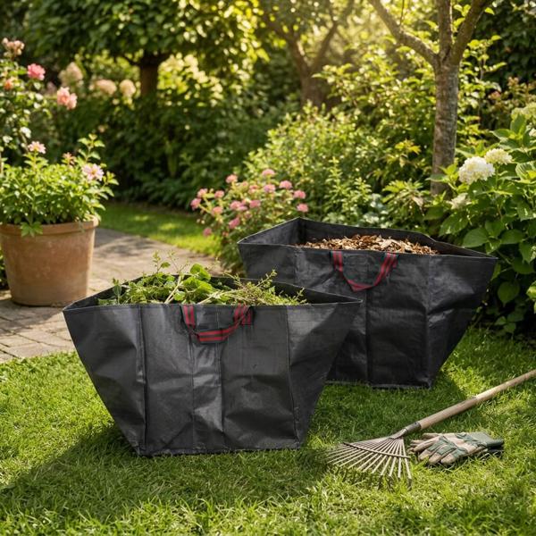 Garden totes with carrying handles, 64 L, set of 2 – self‑standing leaf & garden waste bag, water‑repellent, foldable for leaves & grass cuttings