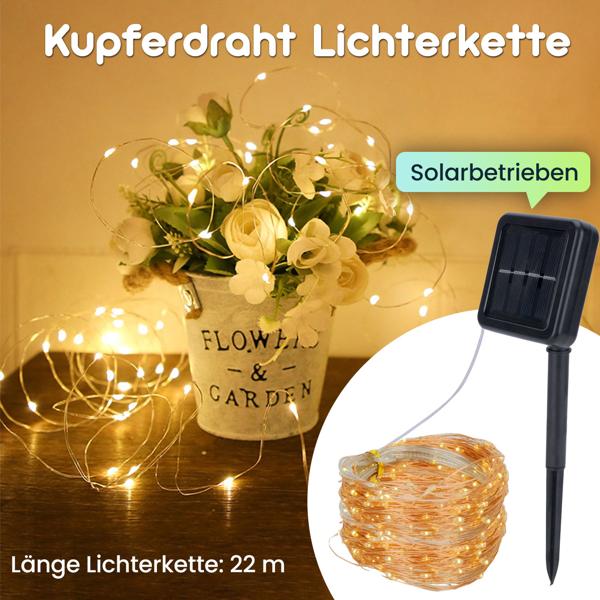 Solar Kupferdraht Lichterkette 22m, 200 warmweisse LEDs, IP44 – Perfekt für Garten, Balkon oder Terrasse