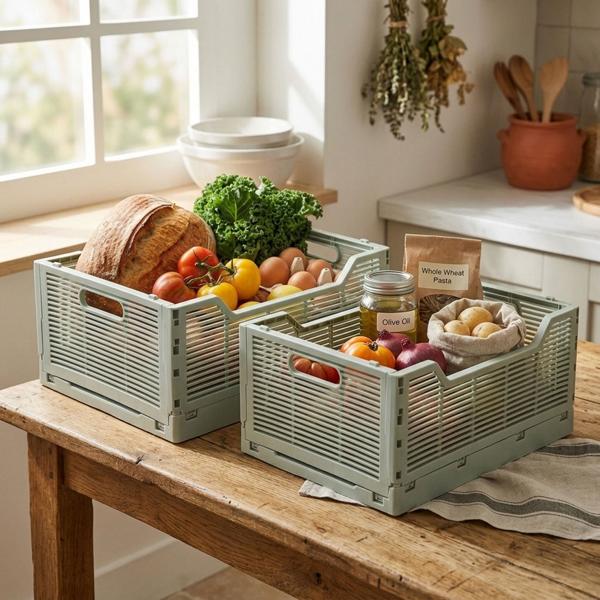 2er-Set Faltkiste in schickem Graugrün – Rechteckige Klappbox mit Griffen, stapelbar & platzsparend – Aufbewahrung (40x30x17 cm) für Haushalt & Büro