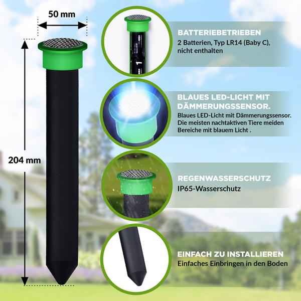 2er-Set Effektiver Tiervertreiber Erdspiess gegen Wühlmäuse, Maulwürfe, Ameisen, Schlangen & Wildtiere - Schutz für Garten & Rasen