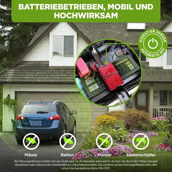 Mobiler Marderschreck – Effektiver Ultraschall-Mardervertreiber mit Batterie für Auto, Dachboden und Garage gegen Marder und Mäuse