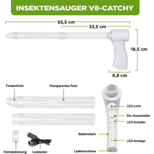 Elektrischer Insekten- und Spinnensauger mit Teleskopstiel und LED-Lebendfalle, wiederaufladbar - für eine schonende hygienische Entfernung