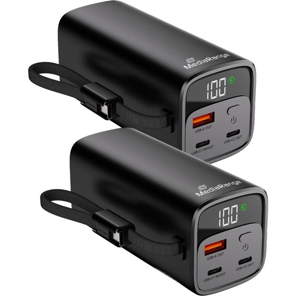 2er-Set Mobiler Zusatzakku, Powerbank 20000mAh mit integriertem Ladekabel, LC-Display: Schnellladen 65W Power Delivery - USB-C/USB-A