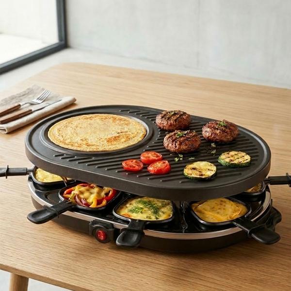 Raclette grill for 8 people with 8 non-stick pans – table grill with 8 pans for New Year’s Eve, parties & family evenings, black