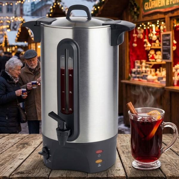 Mulled wine urn 5L with tap, stainless steel housing, 1300W – A hot drink dispenser for parties, mulled wine, coffee & punch – Perfect enjoyment