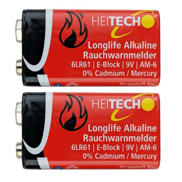 Alkaline Longlife Batterien 9V E-Block 6LR61, 2er-Pack, Blockbatterie für Rauchwarnmelder, Betriebstemperatur -10 bis +50 °C