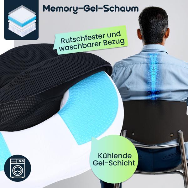 Ergonomischer Gel Sitzring aus Memory-Gel-Schaum, Komfort Sitzpolster entlastet Becken, Rücken und Steissbein, für Stuhl, Bürostuhl oder auch im Auto