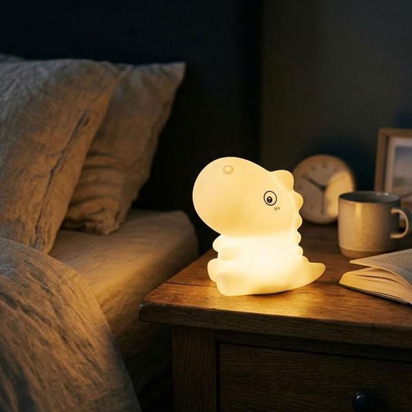 Veilleuse T-Rex en silicone, veilleuse LED dinosaure pour enfants rechargeable, blanc chaud & changement de couleur RGB, minuterie 3 h, commande par tapotement, USB‑C