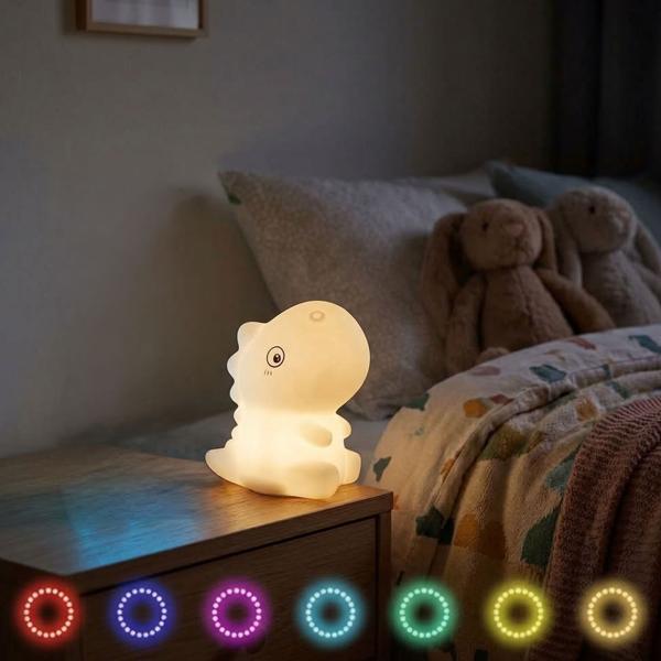 Veilleuse T-Rex en silicone, veilleuse LED dinosaure pour enfants rechargeable, blanc chaud & changement de couleur RGB, minuterie 3 h, commande par tapotement, USB‑C