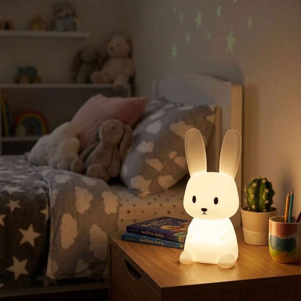 Veilleuse lapin en silicone, veilleuse LED pour enfants rechargeable avec batterie, blanc chaud et changement de couleur RGB, minuteur 3 h, commande par tapotement, USB-C