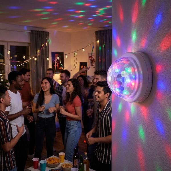 Mini luce LED da discoteca con sensore sonoro, luce party con gioco di luci a ritmo di musica, pulsante on/off, incl. 3x batterie micro/AAA