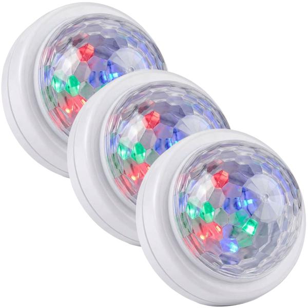Set of 3 mini LED disco lights with sound sensor, party light with light show in time with the music, on/off push button, incl. 3x AAA/Micro batteries