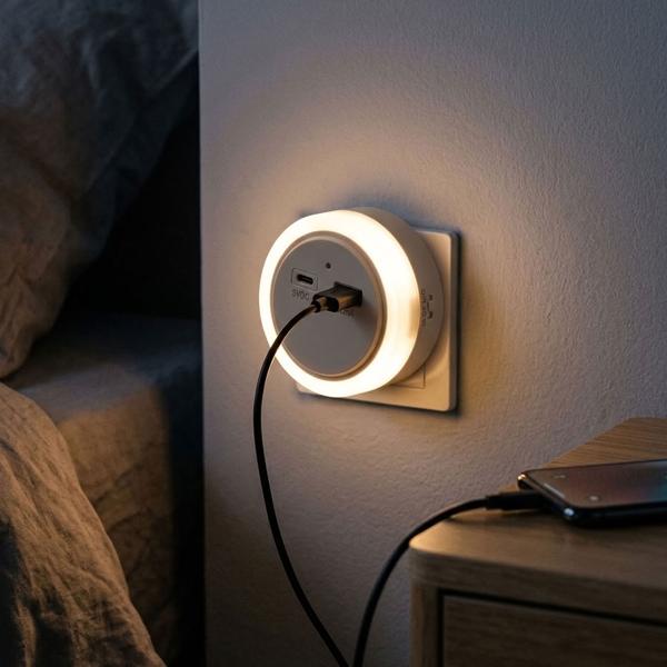 Veilleuse LED avec chargeur USB et capteur crépusculaire, USB-A et USB-C, 5 V max. 2,4 A, On/Off/Auto, blanche