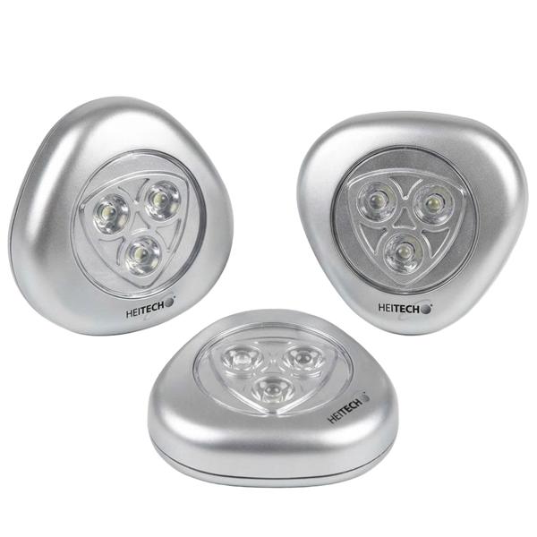 3er-Set LED Push-Lichter mit je 3 LEDs: Kompakte Touch-Lampen, batteriebetrieben inkl. 3x AAA - mit Klebestreifen und Halter, silber