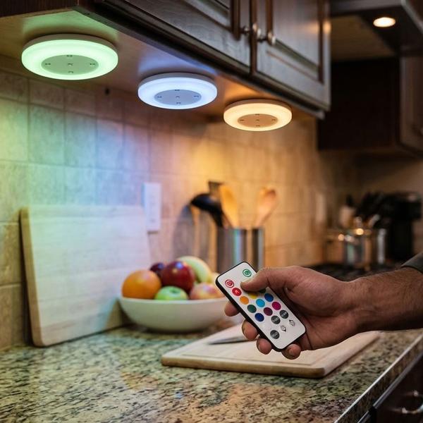 3er-Set LED Unterbauleuchten mit Fernbedienung RGB: Bunte Schrankbeleuchtung zum Kleben & Schrauben für Küche, Regal & Vitrine, je 5 LEDs
