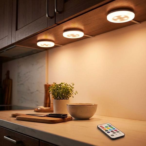 3er-Set LED Unterbauleuchten mit Fernbedienung RGB: Bunte Schrankbeleuchtung zum Kleben & Schrauben für Küche, Regal & Vitrine, je 5 LEDs
