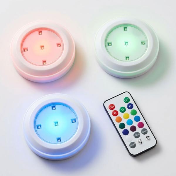 3er-Set LED Unterbauleuchten mit Fernbedienung RGB: Bunte Schrankbeleuchtung zum Kleben & Schrauben für Küche, Regal & Vitrine, je 5 LEDs