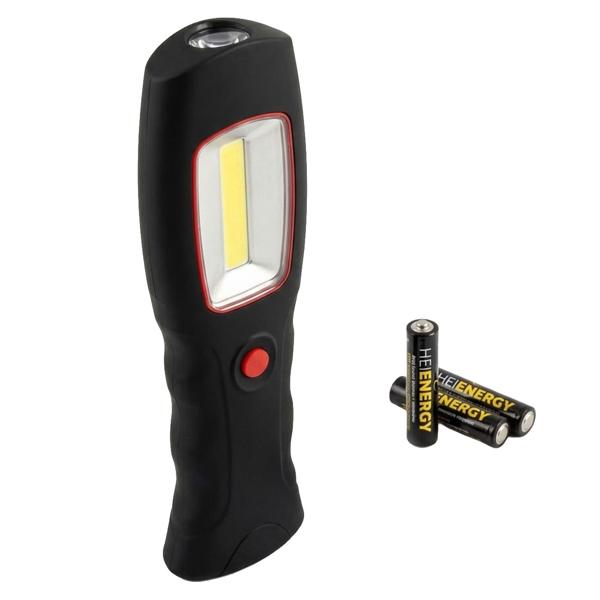3 watt COB LED work light with integrated torch, hook and magnets, anti-slip coating, 200 lumens, battery-powered