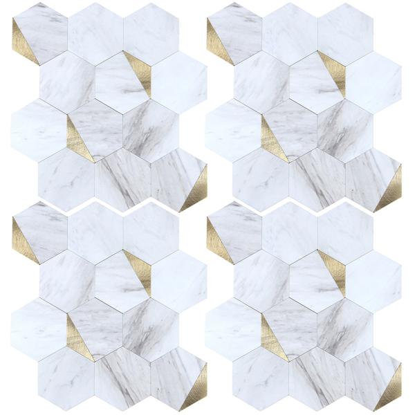 Autocollants pour carrelage auto-adhésifs, Hexagone marbre or – 4 pièces, 25×23,2 cm carreaux muraux SPC étanches – carrelage pour murs de cuisine et de salle de bains