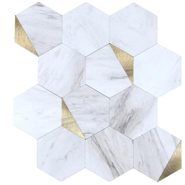 Autocollants pour carrelage auto-adhésifs, Hexagone marbre or – 4 pièces, 25×23,2 cm carreaux muraux SPC étanches – carrelage pour murs de cuisine et de salle de bains
