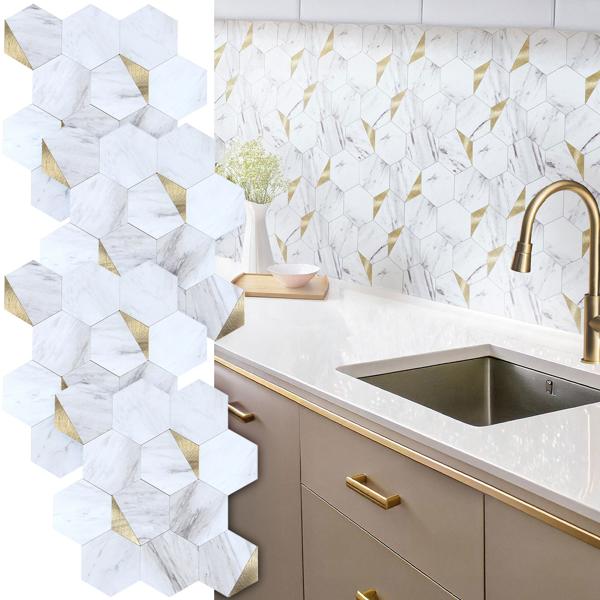 Autocollants pour carrelage auto-adhésifs, Hexagone marbre or – 4 pièces, 25×23,2 cm carreaux muraux SPC étanches – carrelage pour murs de cuisine et de salle de bains