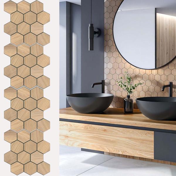 Self-adhesive tile stickers, hexagon wood effect – 4 pieces, 25 × 23.2 cm SPC wall tiles, waterproof – tiles for kitchen and bathroom walls