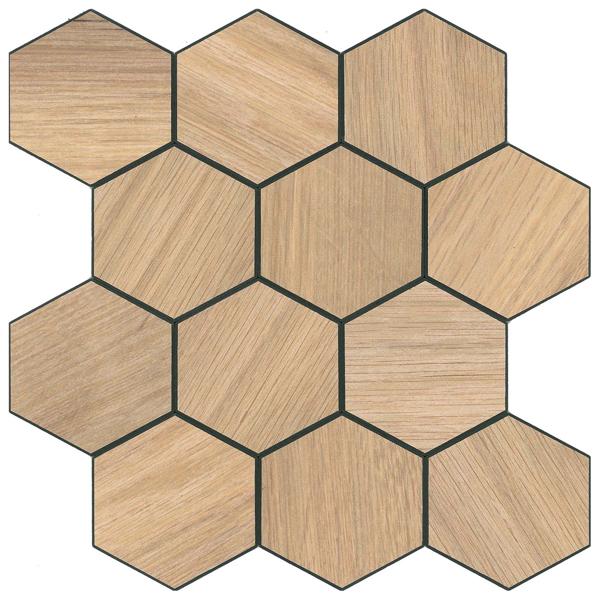 Self-adhesive tile stickers, hexagon wood effect – 4 pieces, 25 × 23.2 cm SPC wall tiles, waterproof – tiles for kitchen and bathroom walls