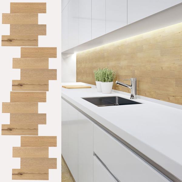 Self‑adhesive tile stickers, light wood‑grain – 4 pieces, 25×25 cm SPC wall tiles, waterproof – tiles for kitchen and bathroom walls