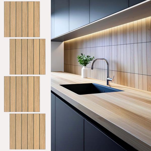 Self-adhesive tile stickers, wood effect – 4 pieces, 25 × 25 cm SPC wall panels, waterproof – tiles for kitchen and bathroom walls