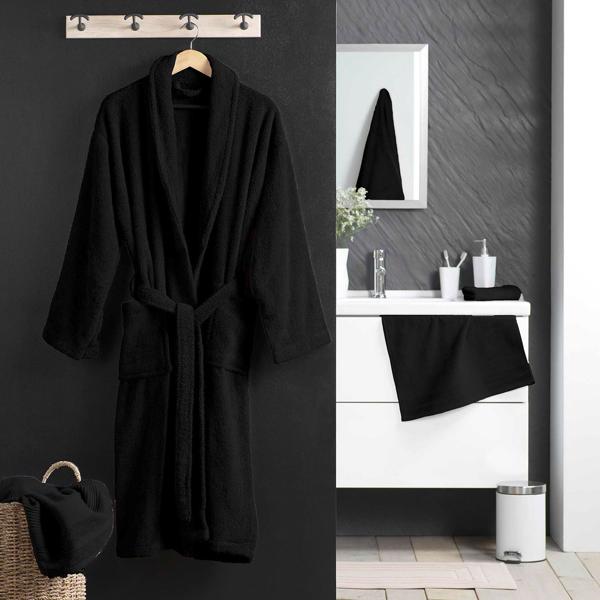 Comfortable black bathrobe made of 100% cotton terry with shawl collar, one size – ideal as dressing gown for sauna and wellness