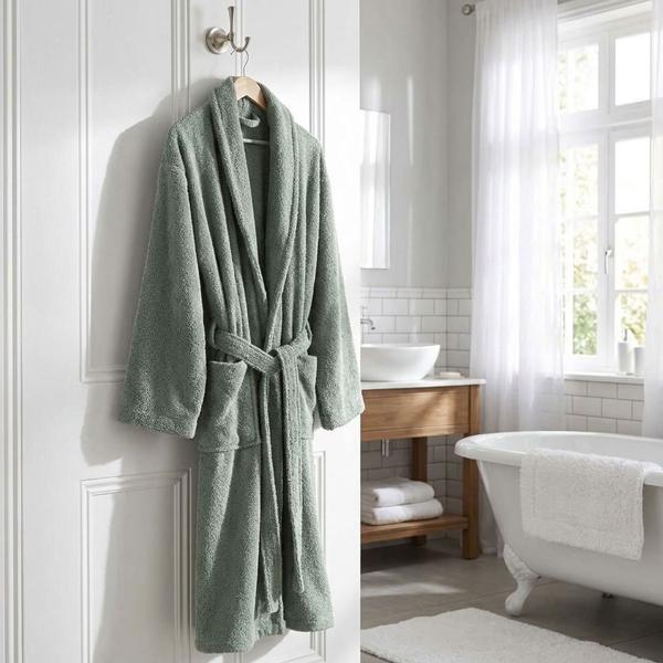 Comfortable cedar green bathrobe made of 100% cotton terry with shawl collar in one size – ideal as a dressing gown for sauna and wellness