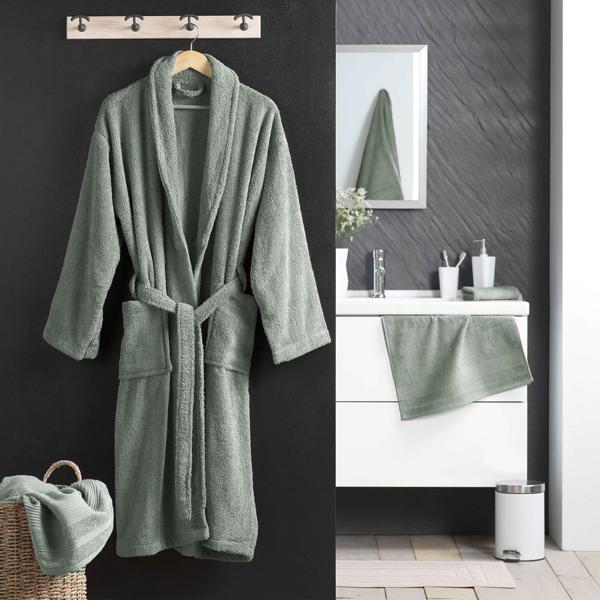 Comfortable cedar green bathrobe made of 100% cotton terry with shawl collar in one size – ideal as a dressing gown for sauna and wellness