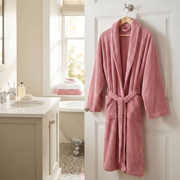 Comfortable pink bathrobe in 100% cotton terry with shawl collar, one size – ideal as a dressing gown for sauna and wellness