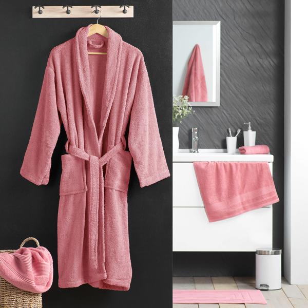 Comfortable pink bathrobe in 100% cotton terry with shawl collar, one size – ideal as a dressing gown for sauna and wellness
