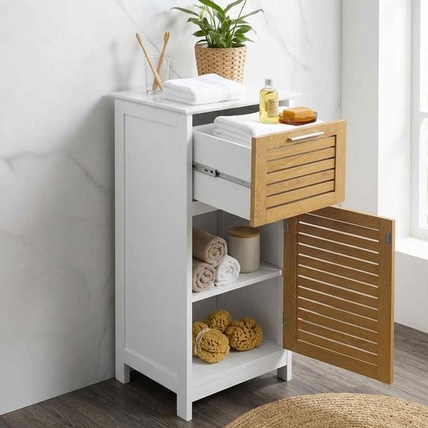 Elegant bathroom cabinet white & wood look 83x36.5x30 cm – modern bathroom cupboard & tall cabinet for bathroom, guest WC & home spa