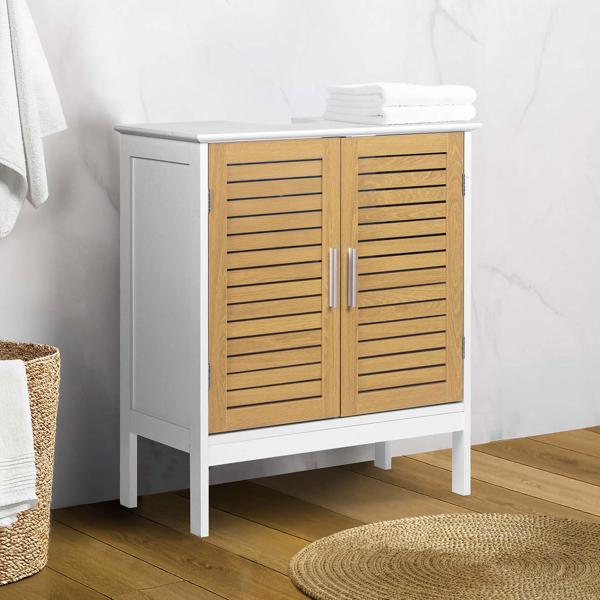 Elegant white & wood‑look vanity unit: MDF bathroom cabinet, modern washbasin base cabinet & bathroom cupboard with doors