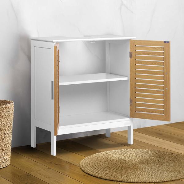 Elegant white & wood‑look vanity unit: MDF bathroom cabinet, modern washbasin base cabinet & bathroom cupboard with doors
