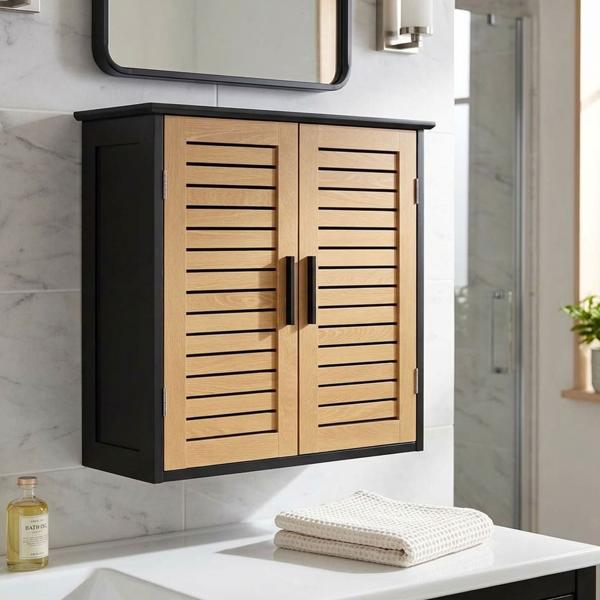 Attractive wall cabinet in black & wood look for bathroom and kitchen: compact wall shelf & medicine cabinet as a practical hanging cabinet